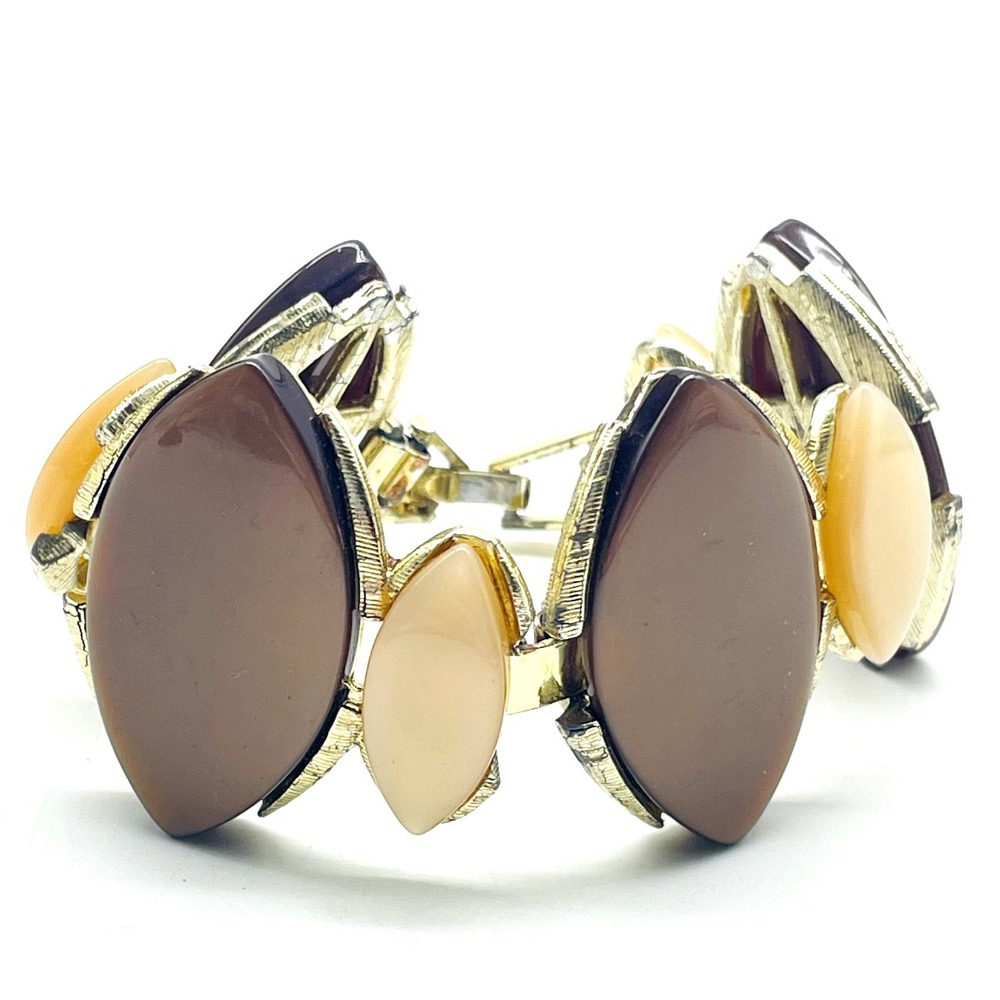 Vintage Acrylic Oval Bracelet Brown Cream Gold Tone Chunky Statement Jewelry